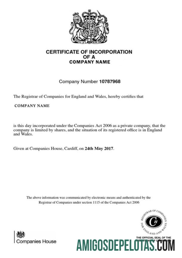 Exemplo de certificado de incorporação do Reino Unido